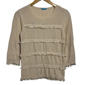 J.McLaughlin Fringe Turla Pullover Sweater Women XS Cream Minimal Coastal Preppy